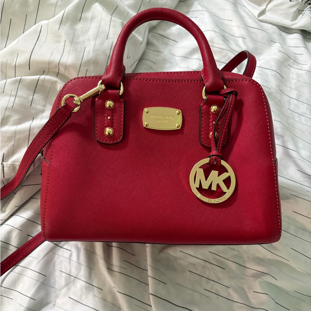 Michael Kors Cherry Red Satchel with Gold Accents